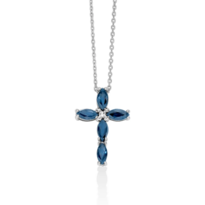 Collana con croce di zaffiri blu taglio navette e diamante in oro bianco 375