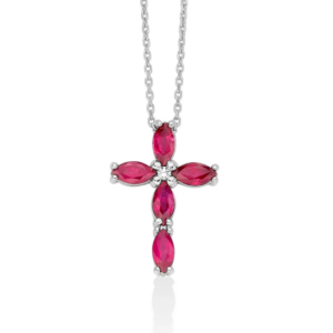 Collana con croce di rubini taglio navette e diamante in oro bianco 375