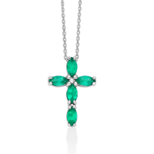 Collana con croce di smeraldi e diamante in oro bianco 375