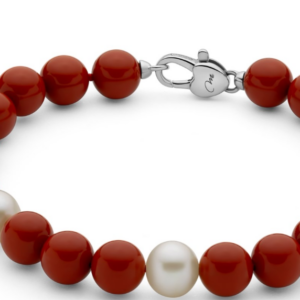 Bracciale di miluna con pasta di corallo rosso con tre perle bianche